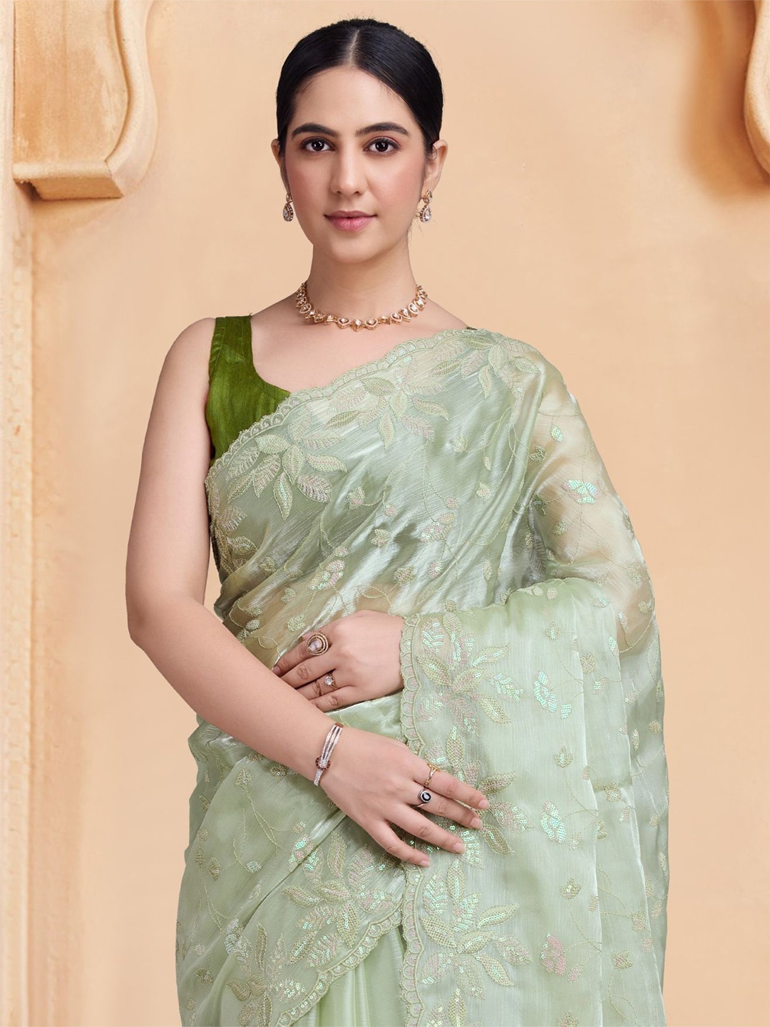 

House of Pataudi Embroidered Sequinned Sarees, Olive