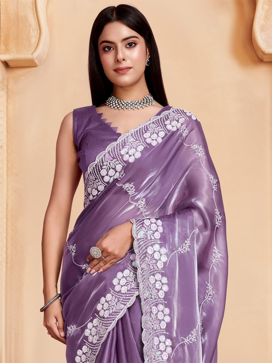 

House of Pataudi Embroidered Sequinned Sarees, Lavender