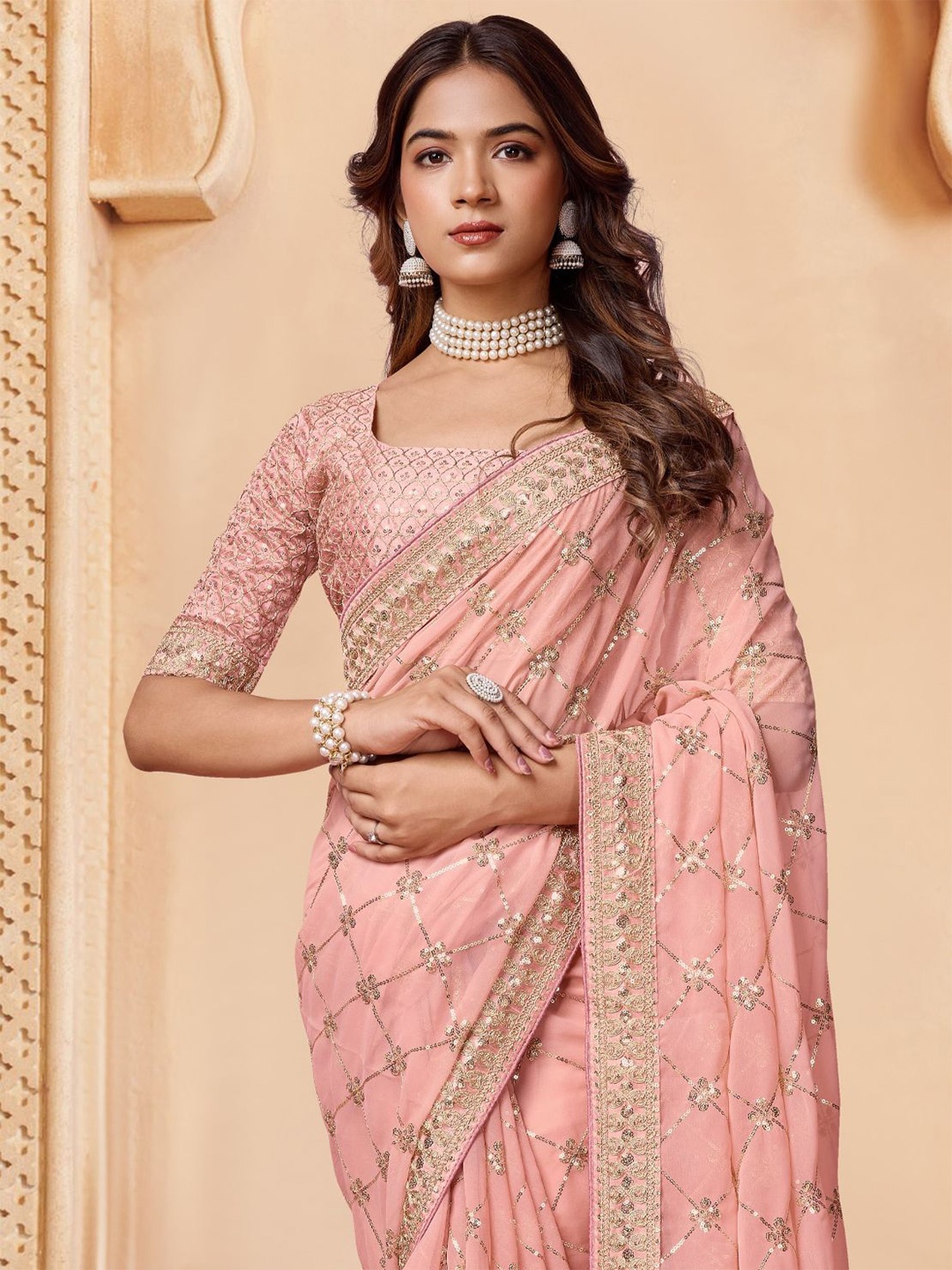 

House of Pataudi Embroidered Embellished Sarees, Peach