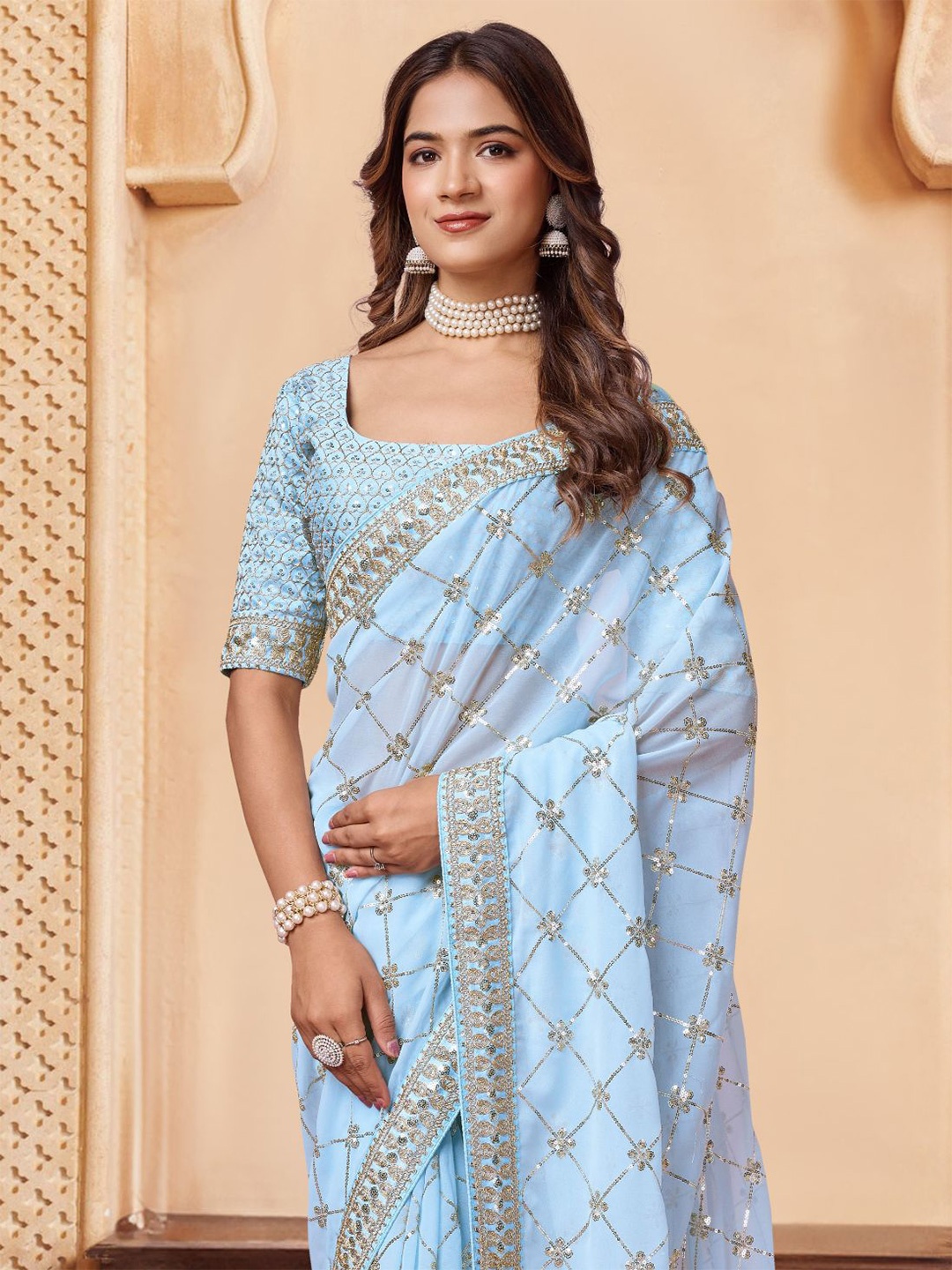 

House of Pataudi Embroidered Embellished Sarees, Turquoise blue