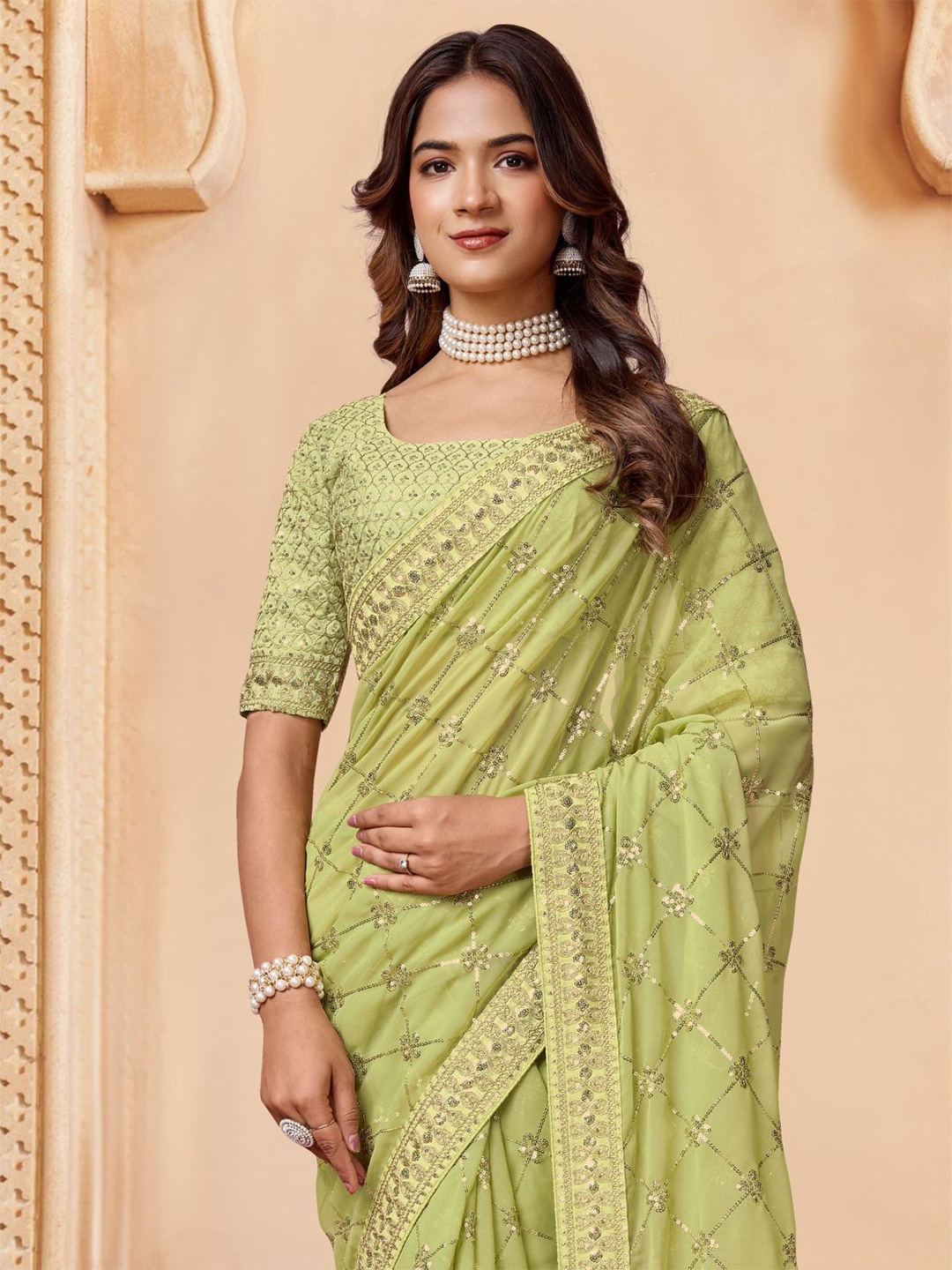 

House of Pataudi Embroidered Embellished Sarees, Olive