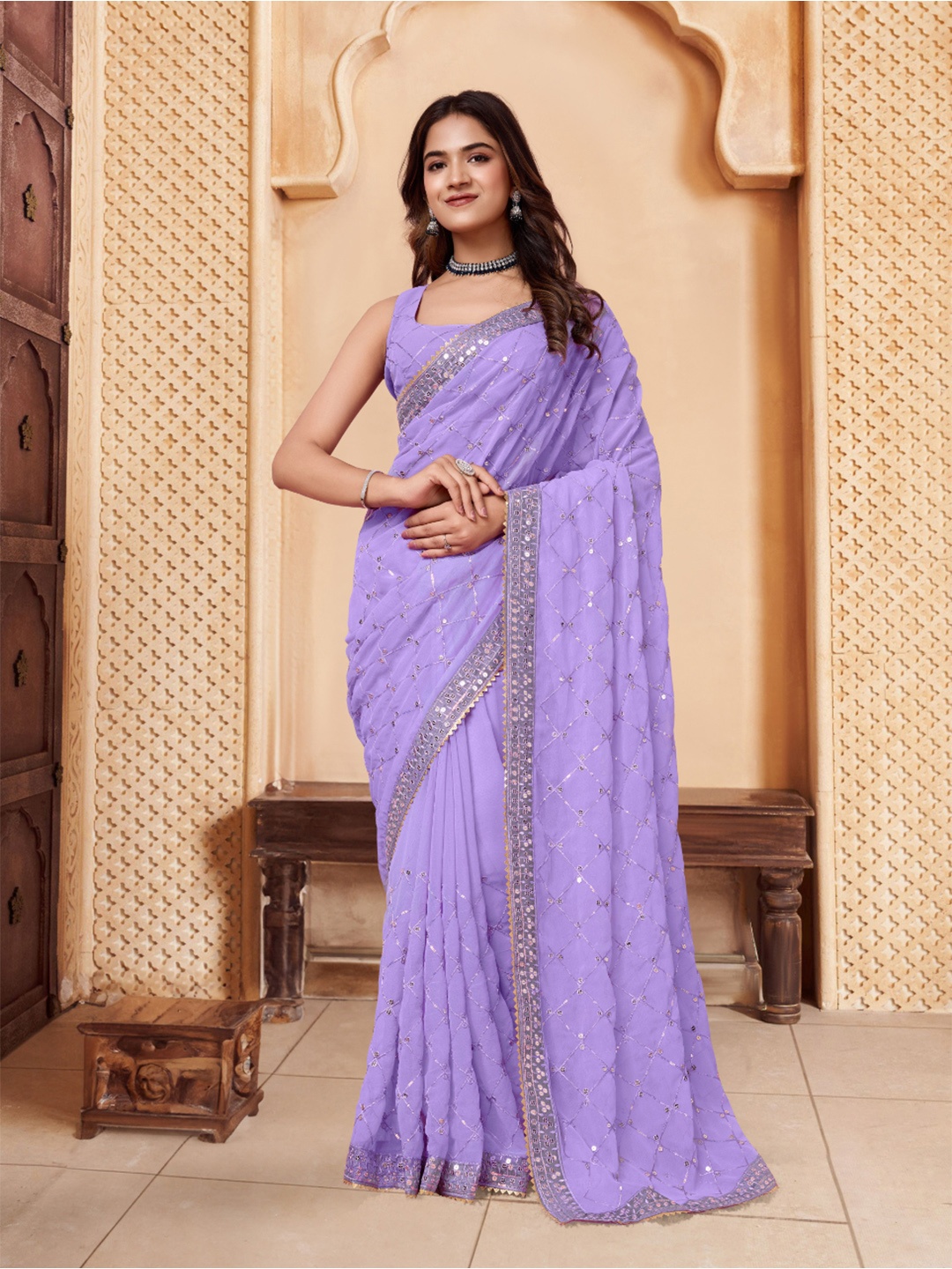 

House of Pataudi Embroidered Embellished Checked Sarees, Lavender