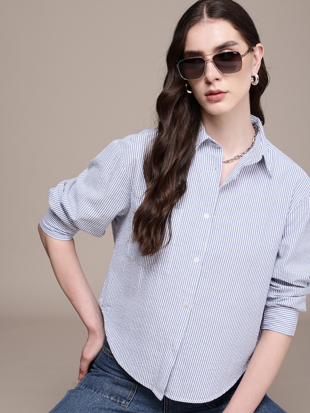 

Roadster Striped Oversized Casual Shirt, White
