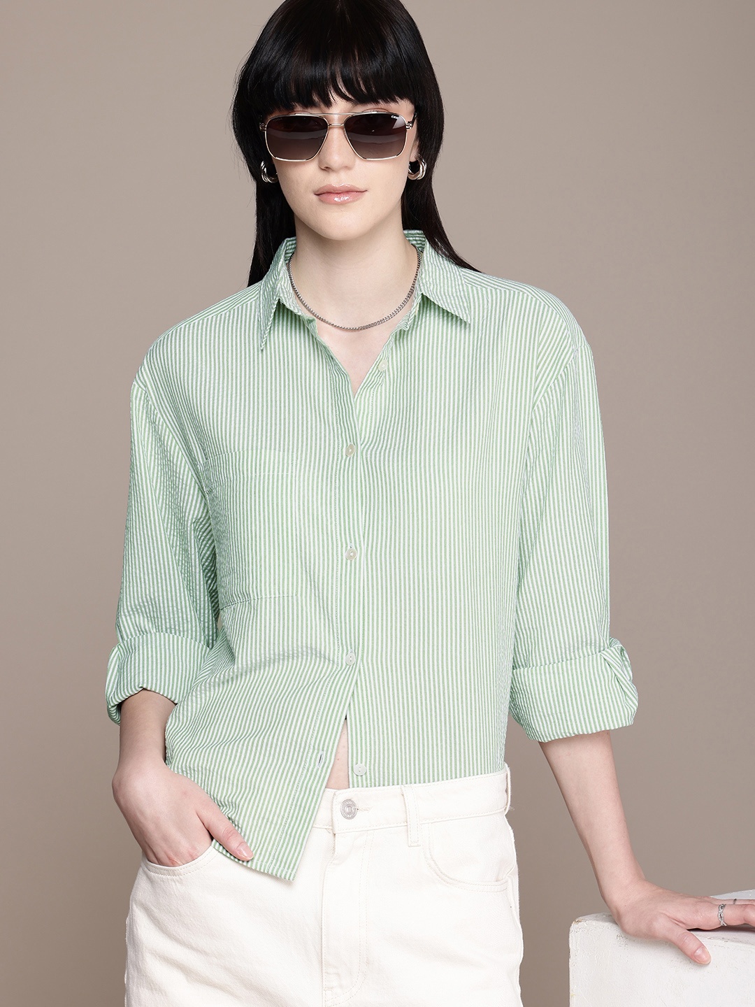 Roadster Striped Oversized Casual Shirt, White