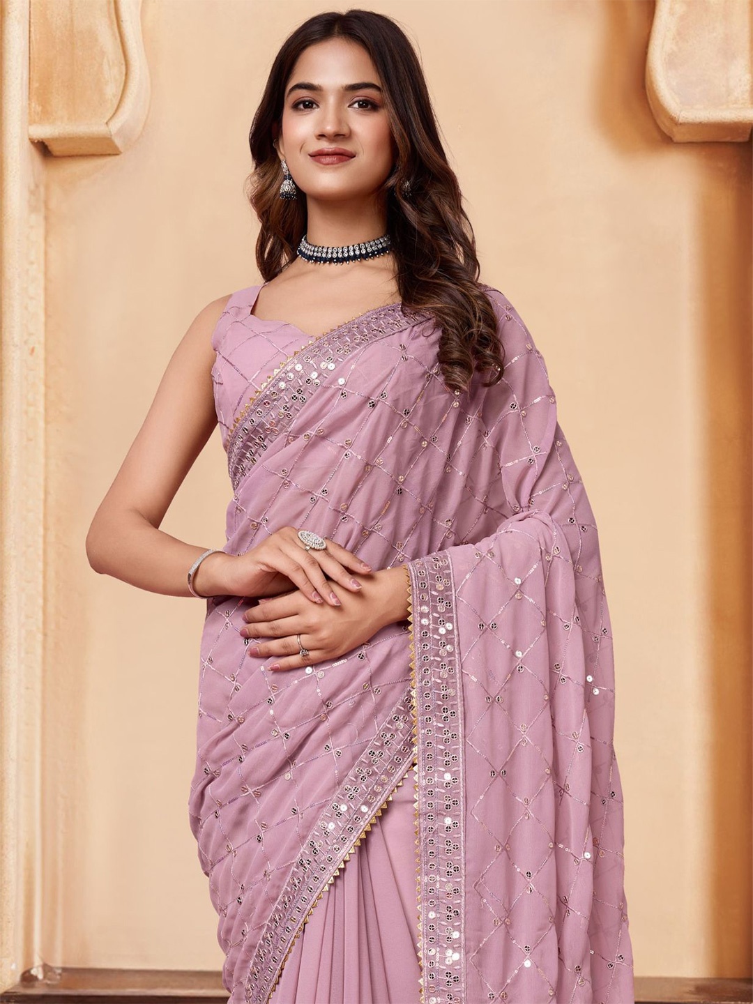 

House of Pataudi Embroidered Embellished Sarees, Mauve