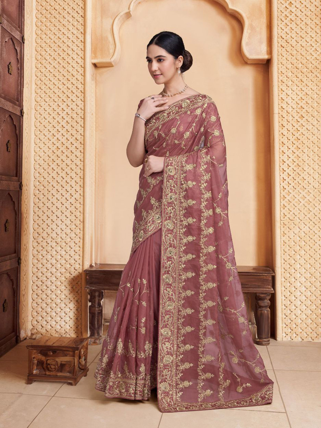 

House of Pataudi Embroidered Organza Sarees, Brown