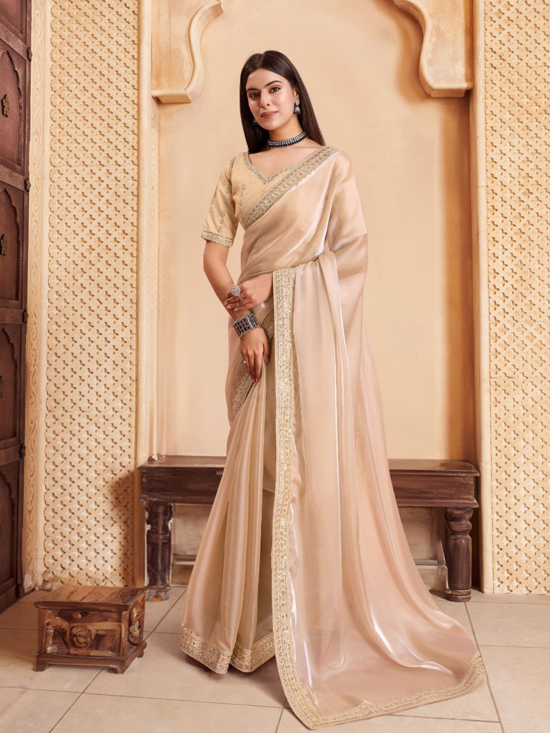 

House of Pataudi Embroidered Embellished Sarees, Cream