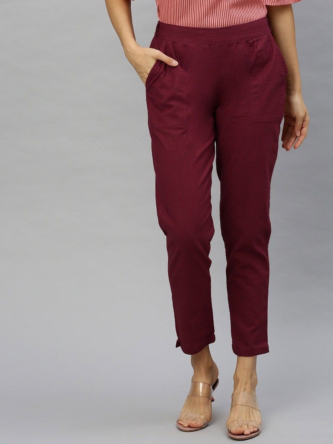 

KALINI Women Regular Fit Cigarette Trousers, Maroon