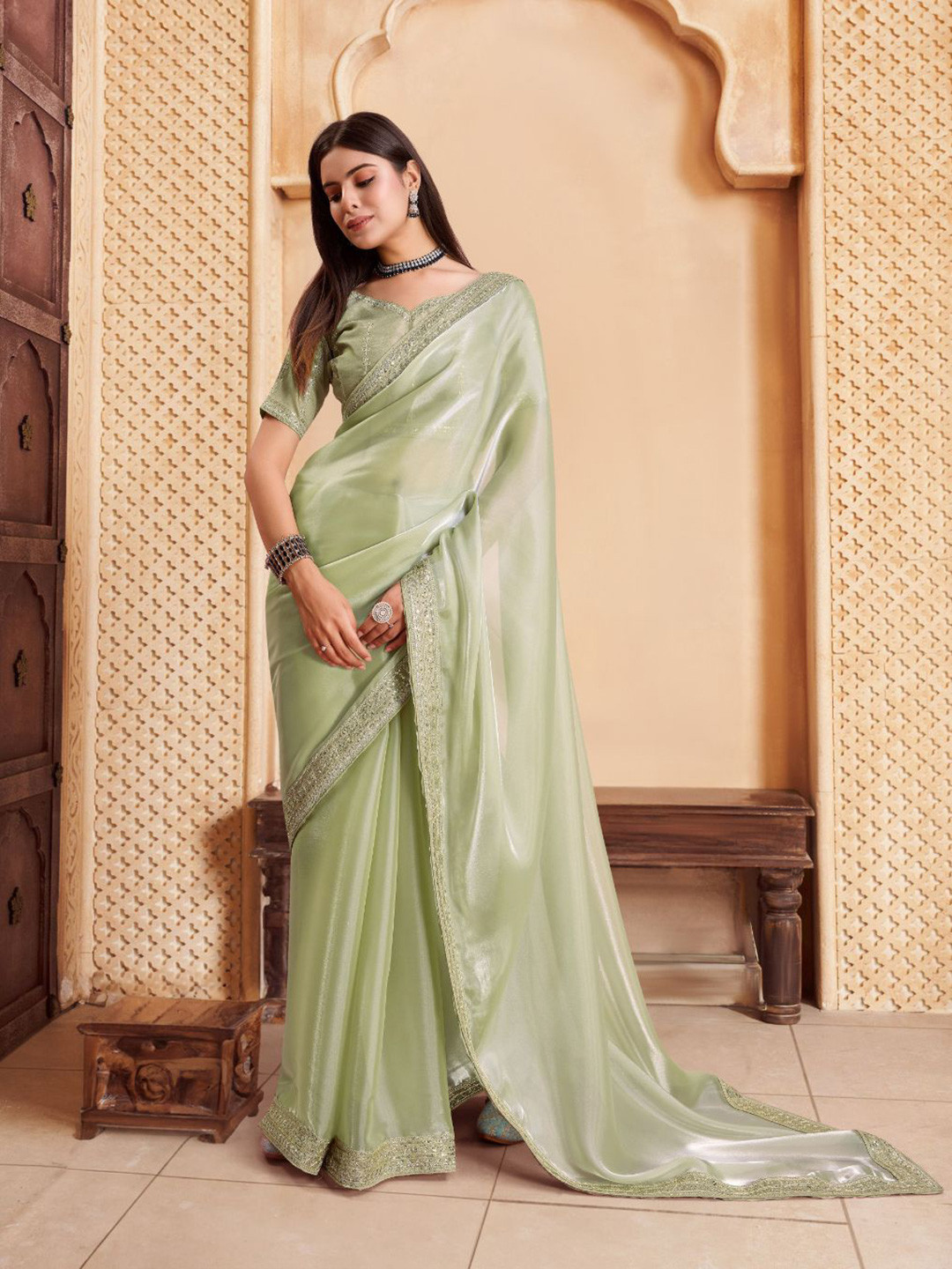 

House of Pataudi Embroidered Solid Sarees, Olive