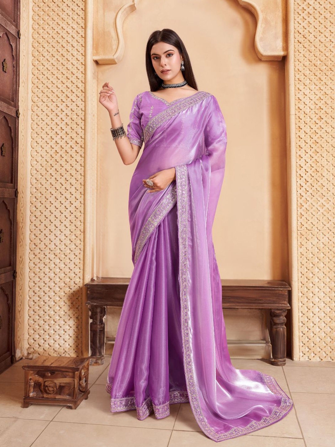 

House of Pataudi Embroidered Sequinned Sarees, Lavender