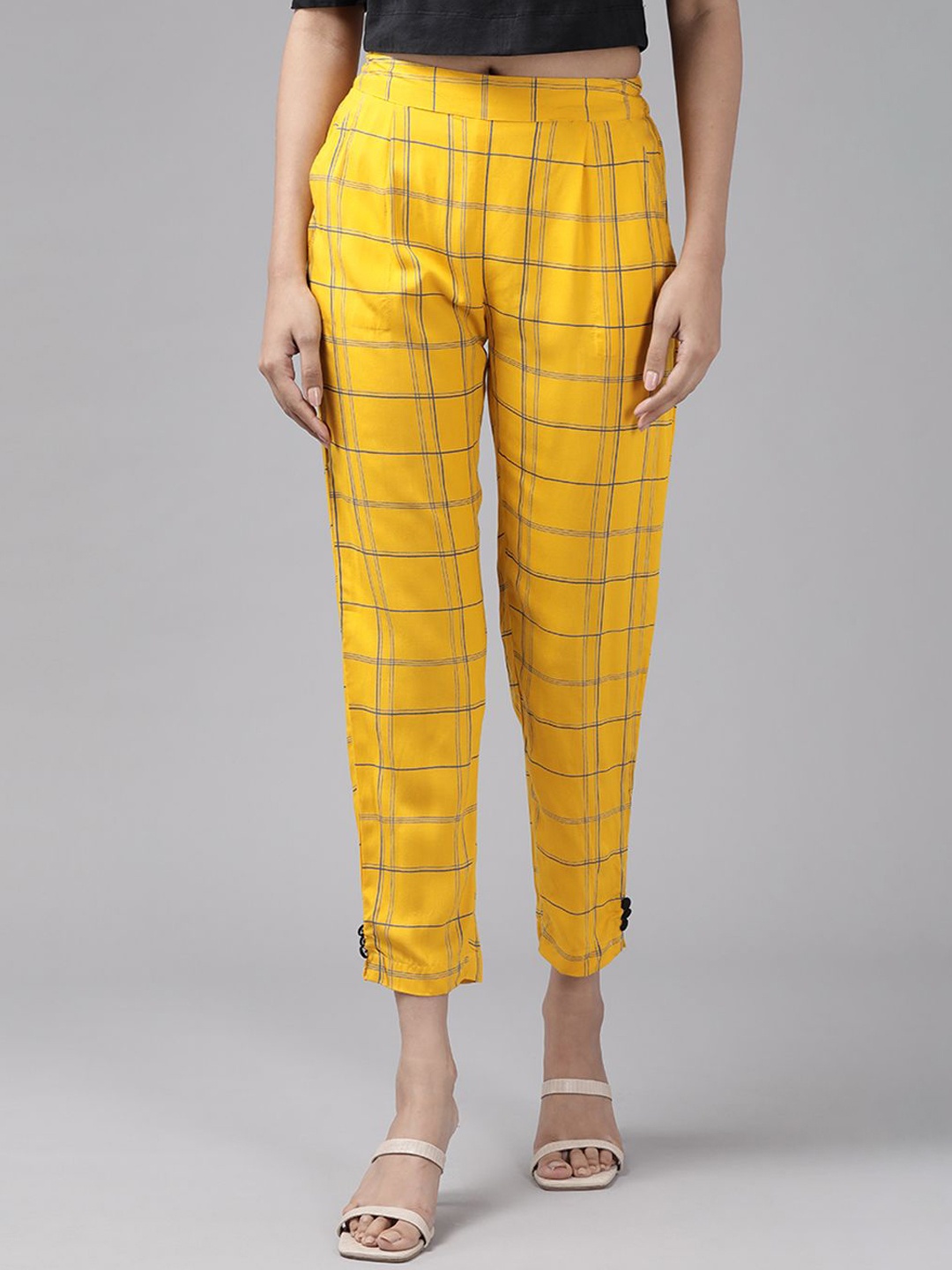 

KALINI Women Checked Regular Fit Casual Trousers, Yellow