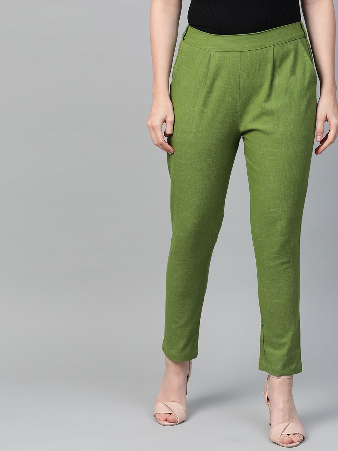 

KALINI Women Straight Fit Mid-Rise Flat-Front Trousers, Green