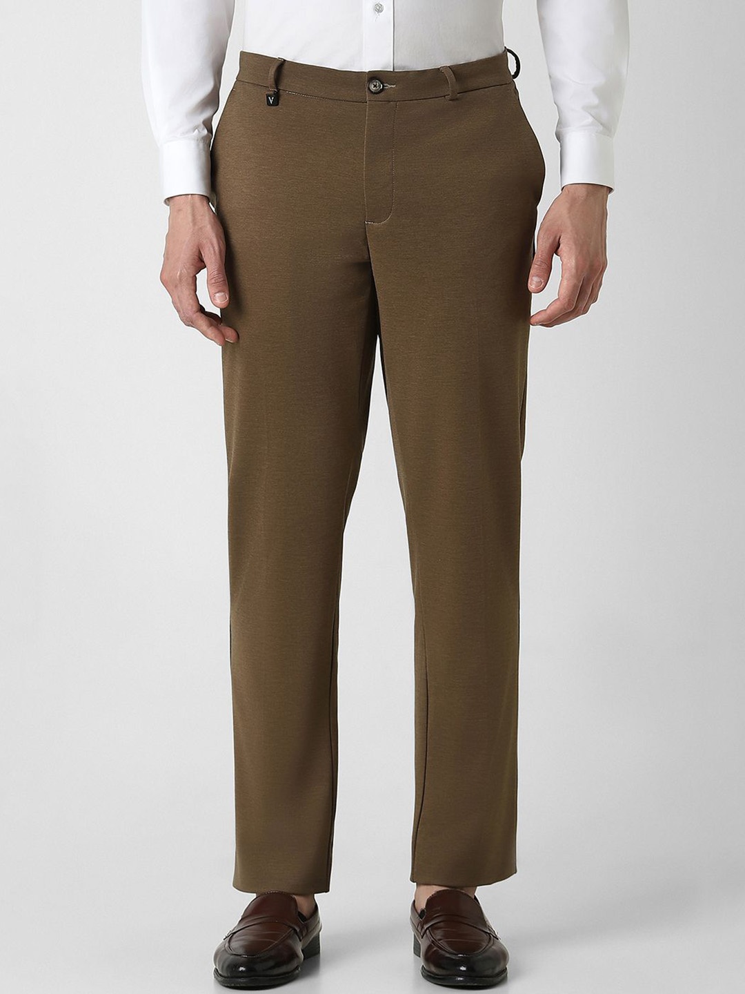 

V Dot Men Textured Skinny Fit Mid-Rise Formal Trousers, Brown