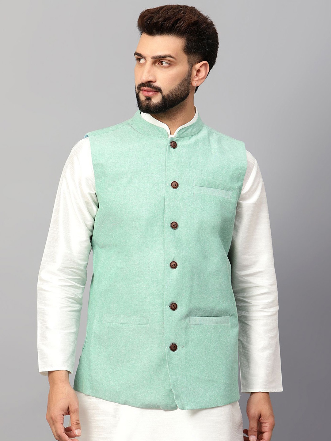 

Latest Chikan Garments Mandarin Collar Nehru Jacket, Green