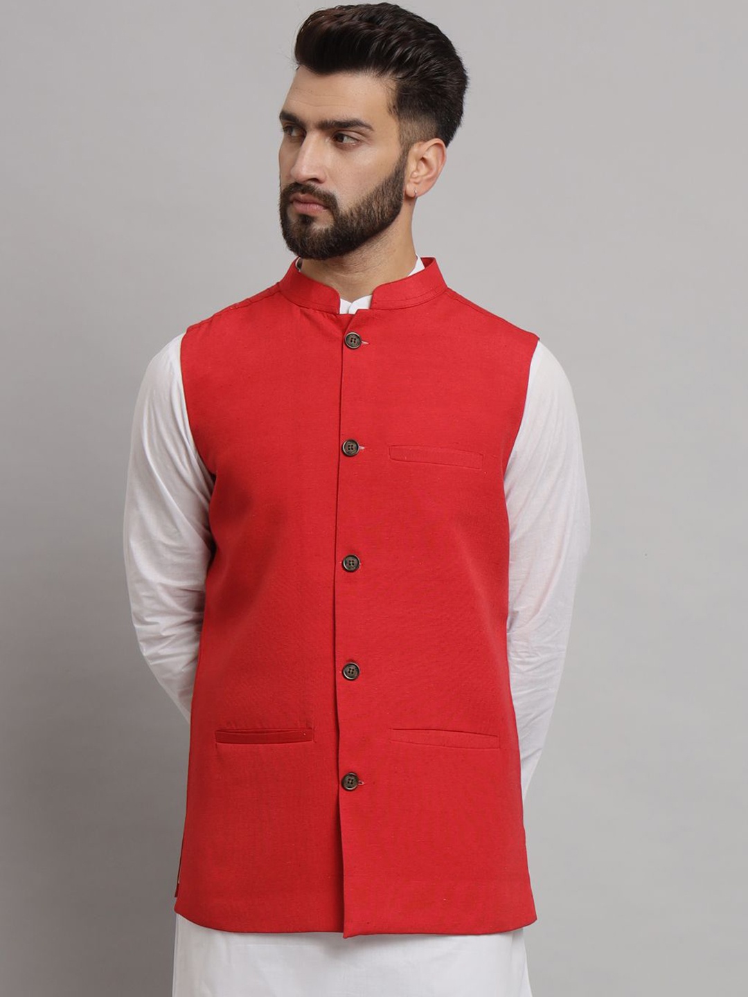 

Latest Chikan Garments Mandarin Collar Nehru Jacket, Red