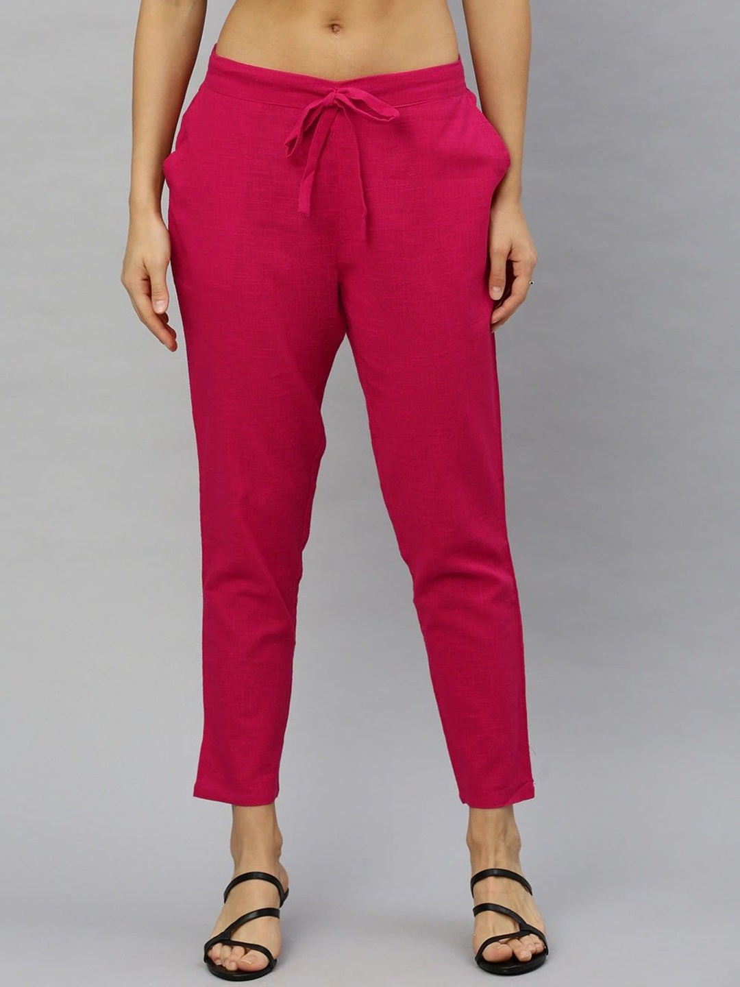 

KALINI Women Straight Fit Mid-Rise Flat-Front Trousers, Pink