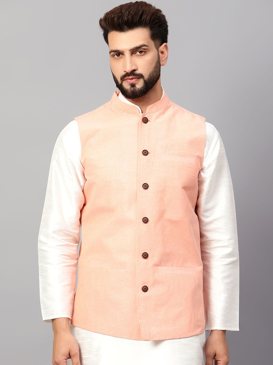 

Latest Chikan Garments Mandarin Collar Nehru Jacket, Peach