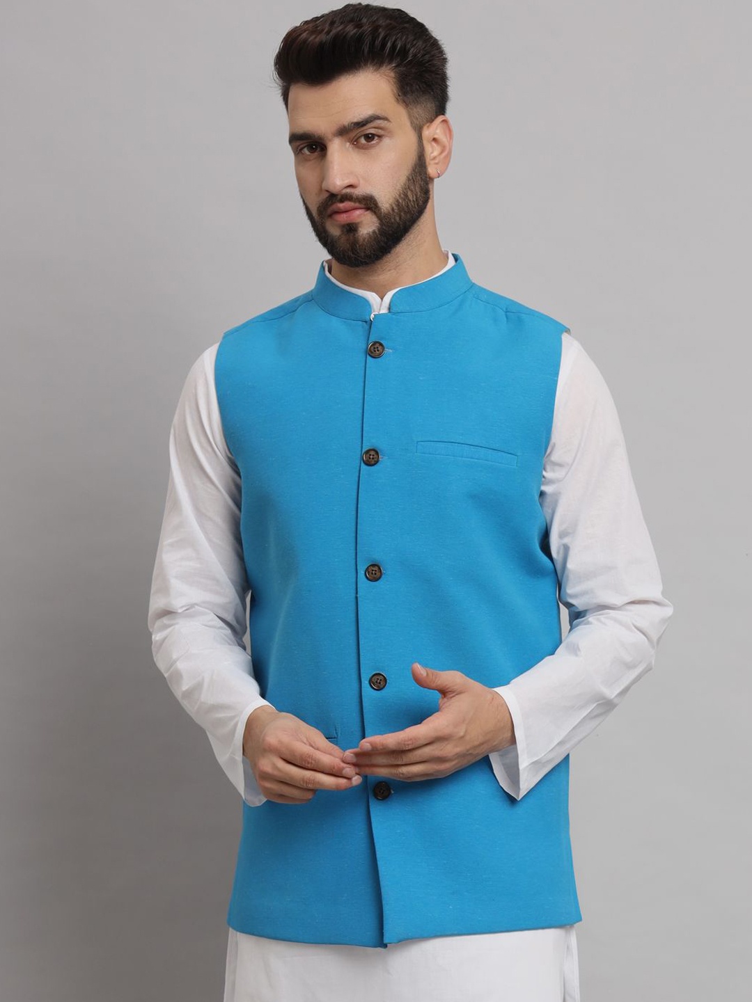 

Latest Chikan Garments Mandarin Collar Nehru Jacket, Blue