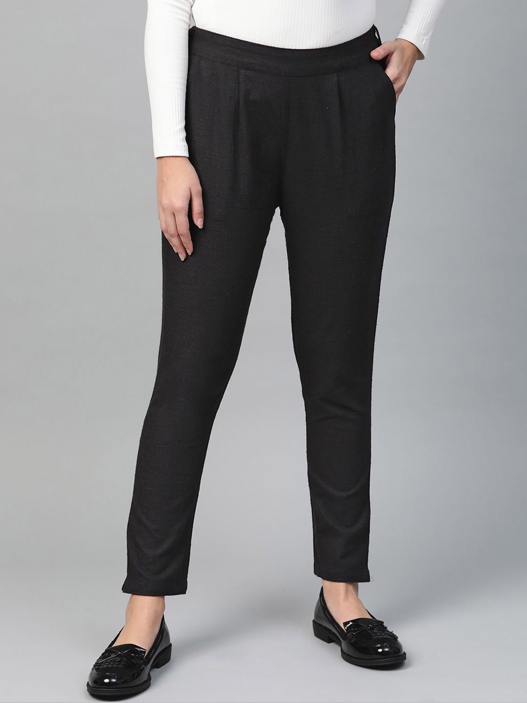

KALINI Women Pleated Solid Regular Fit Casual Trouser, Black