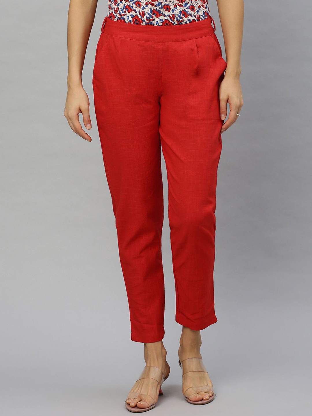 

KALINI Women Solid Mid Rise Regular Fit Peg Trousers, Red
