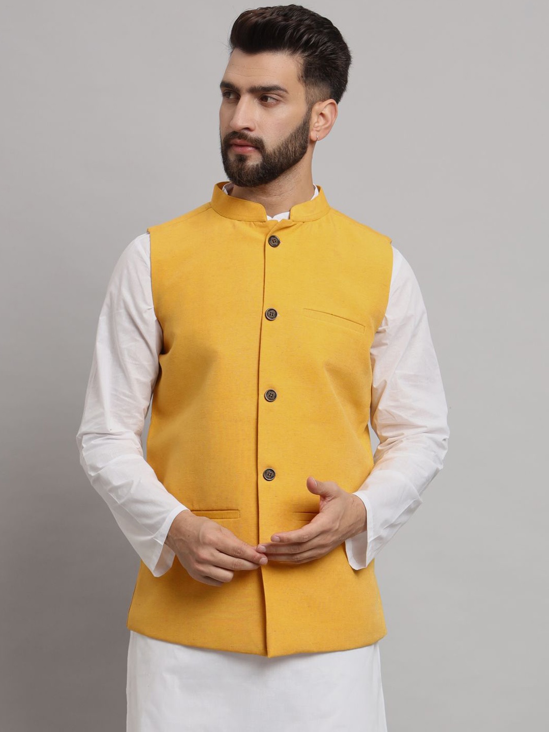 

Latest Chikan Garments Mandarin Collar Nehru Jacket, Yellow