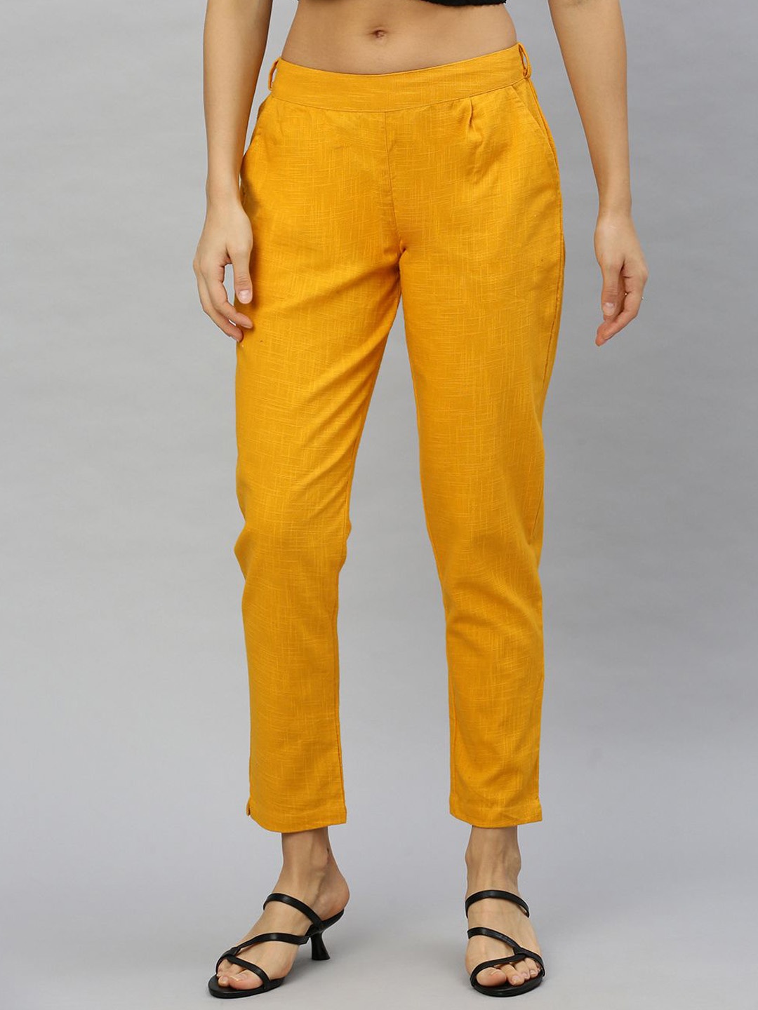

KALINI Women Mid -Rise Textured Trousers, Mustard