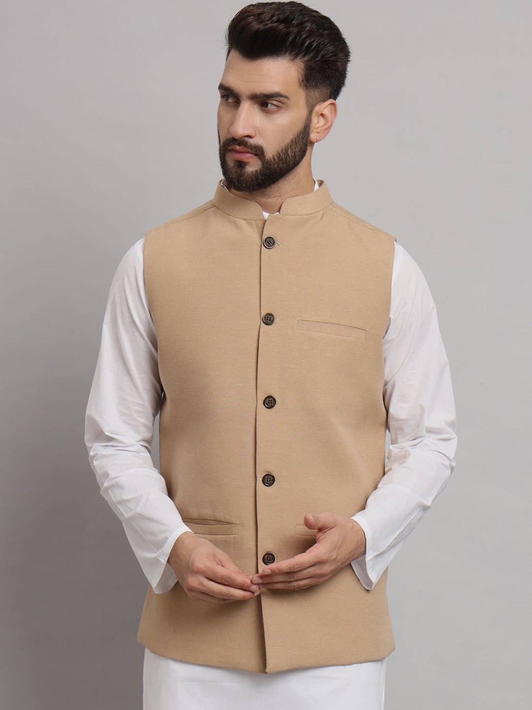 

Latest Chikan Garments Mandarin Collar Nehru Jacket, Beige