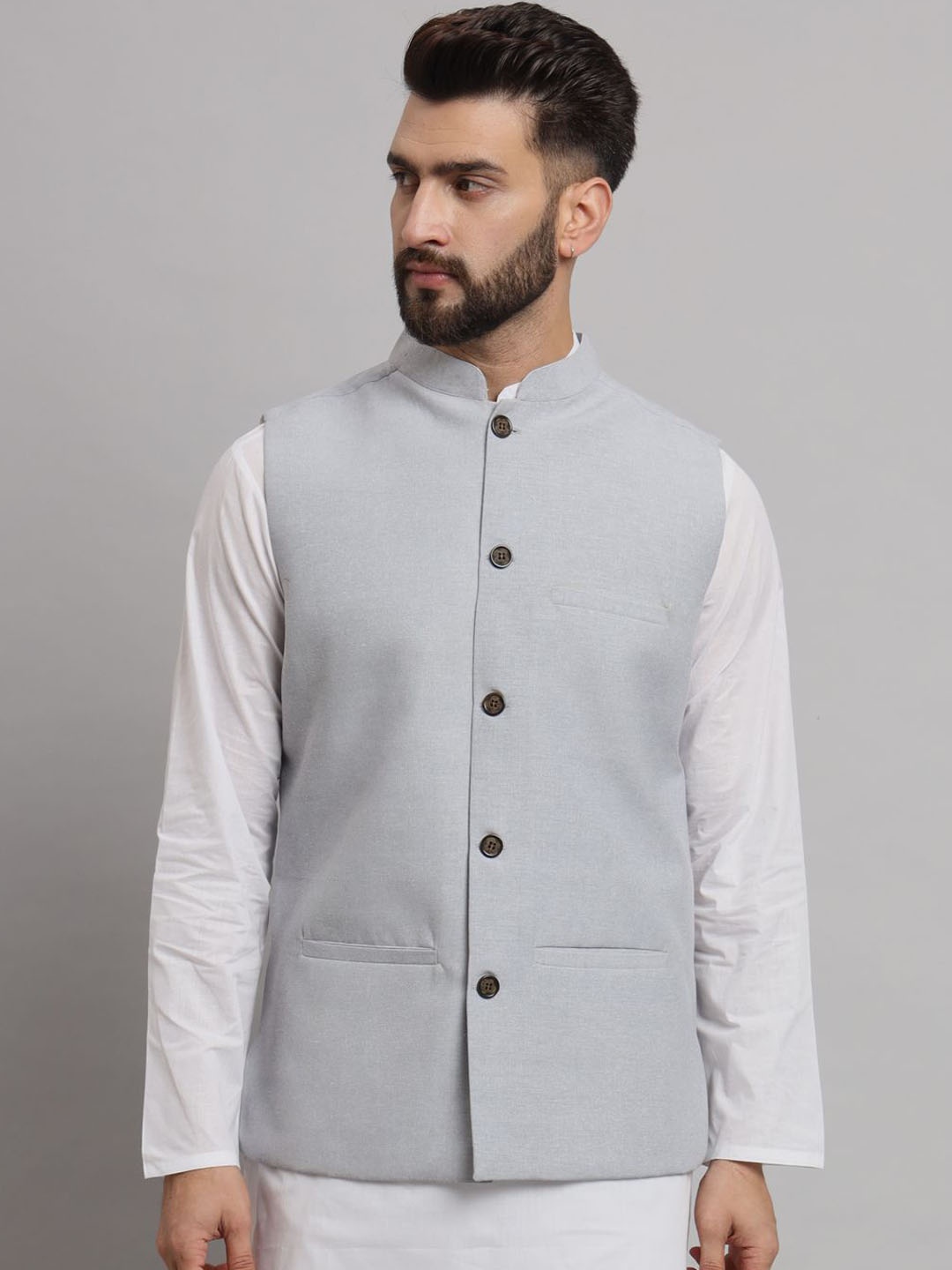 

Latest Chikan Garments Mandarin Collar Nehru Jacket, Grey