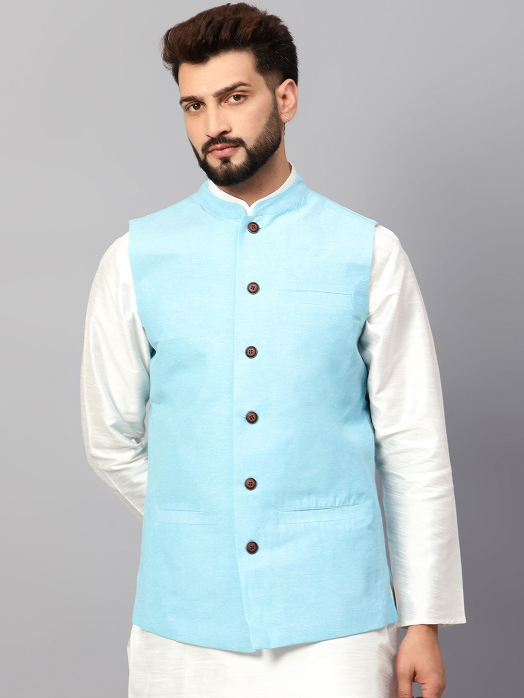 

Latest Chikan Garments Mandarin Collar Nehru Jacket, Blue