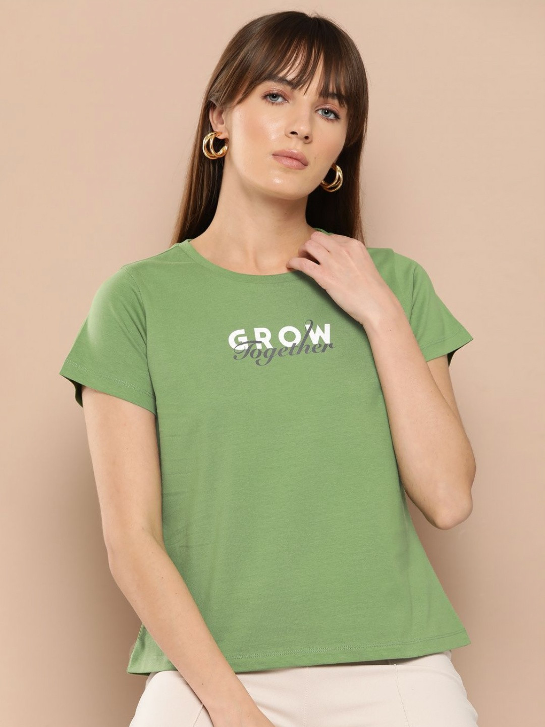 

Chemistry Women Printed Round Neck Cotton Tshirt, Olive
