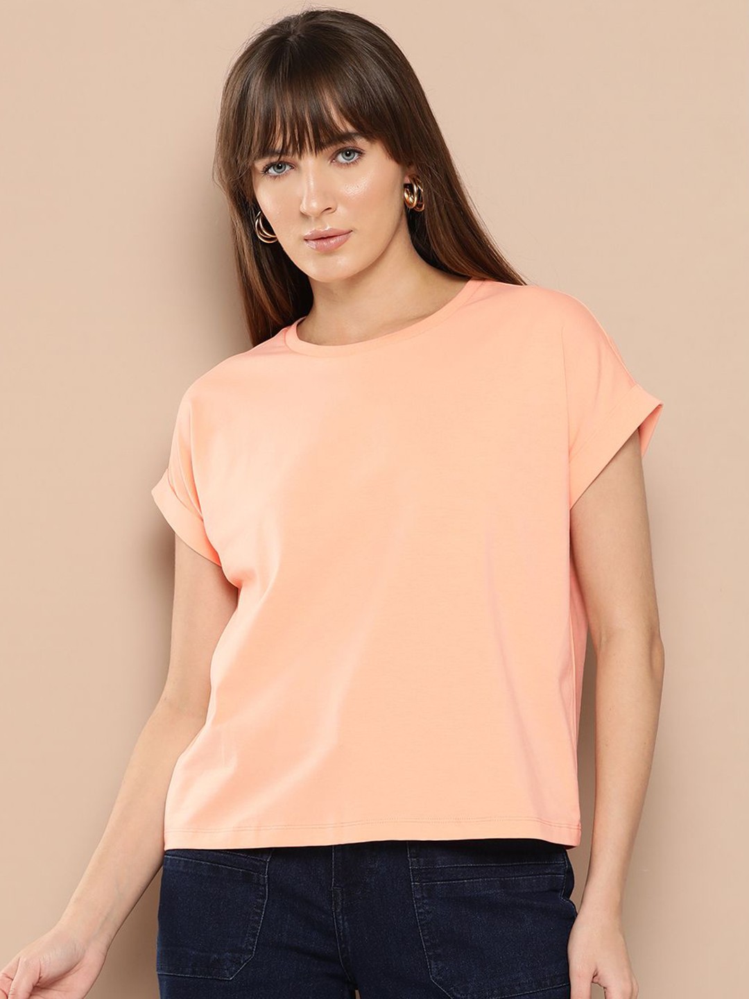 

Chemistry Women Solid Round Neck Cotton Tshirt, Orange