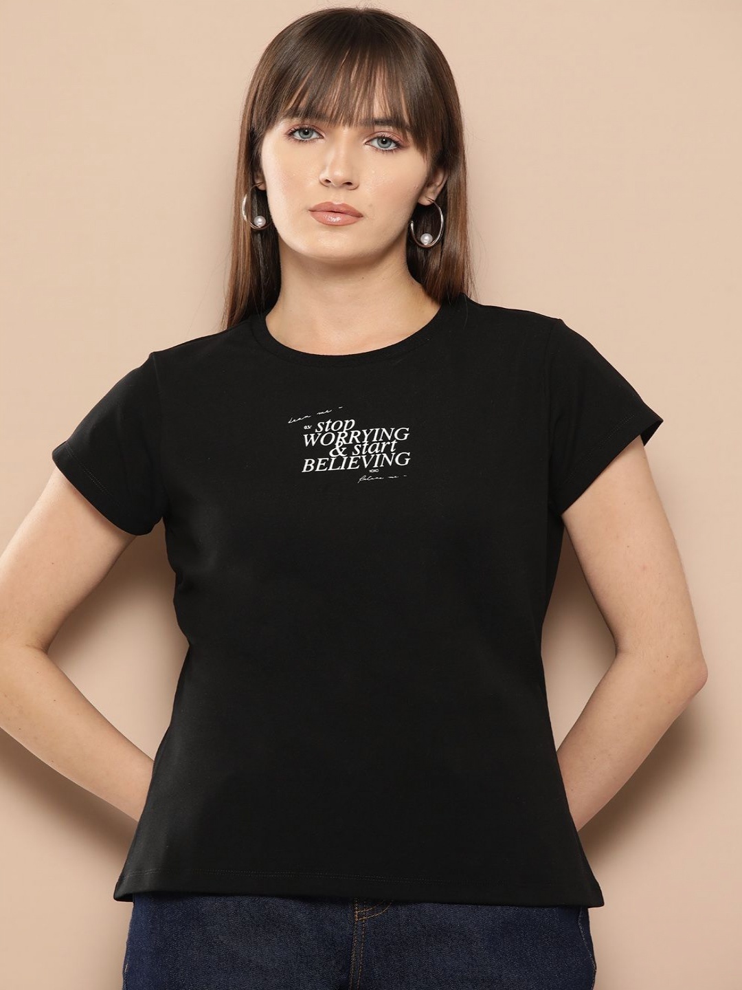 Chemistry Women Printed Round Neck Cotton Tshirt, Black