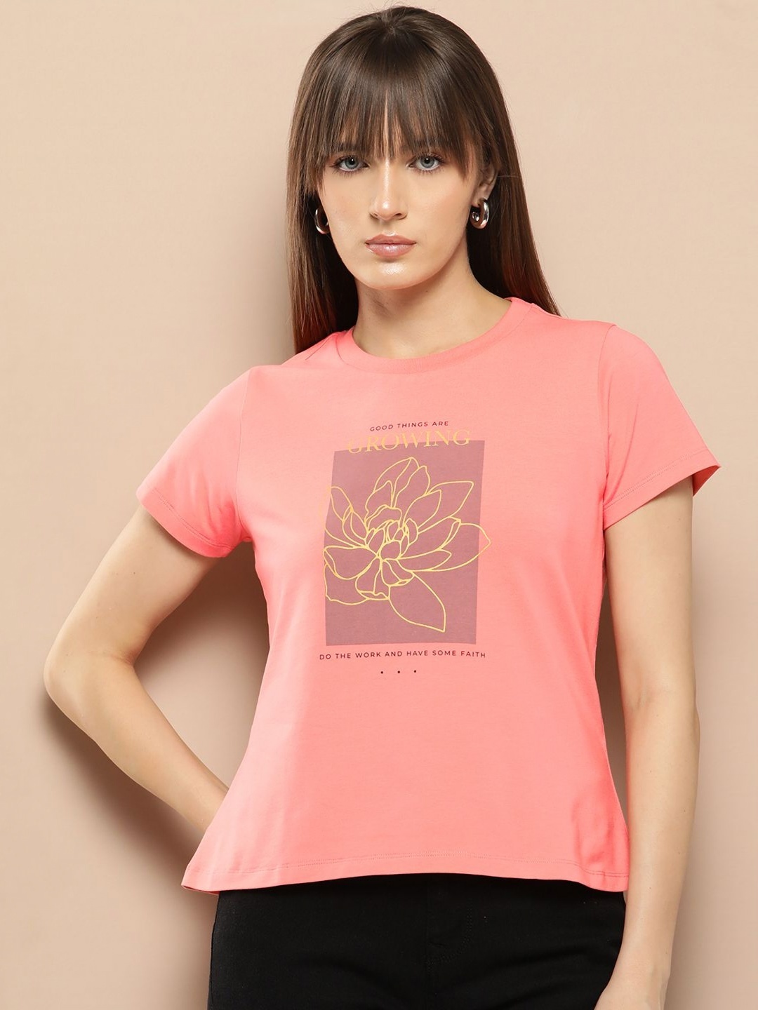 

Chemistry Women Printed Round Neck Cotton Tshirt, Coral