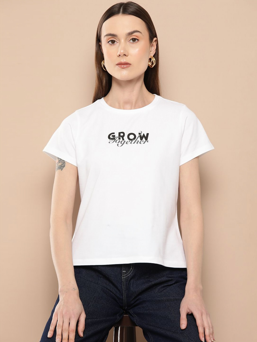 

Chemistry Women Printed Round Neck Cotton Tshirt, White