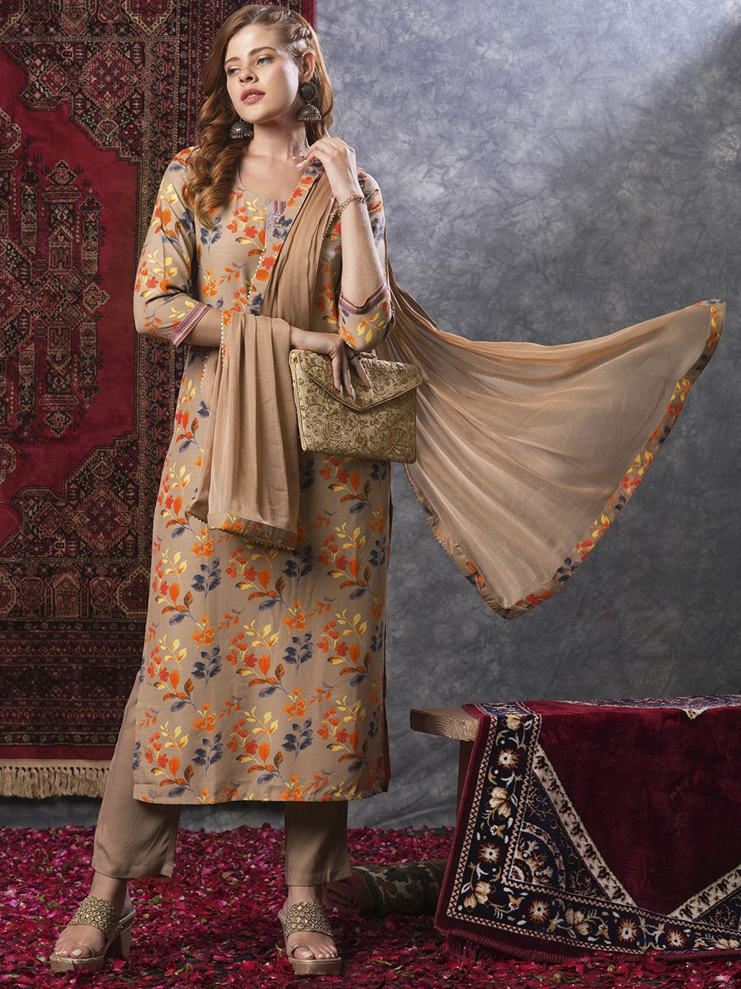 

Anni Designer Floral Printed Straight Kurta with Trousers & Dupatta, Cream