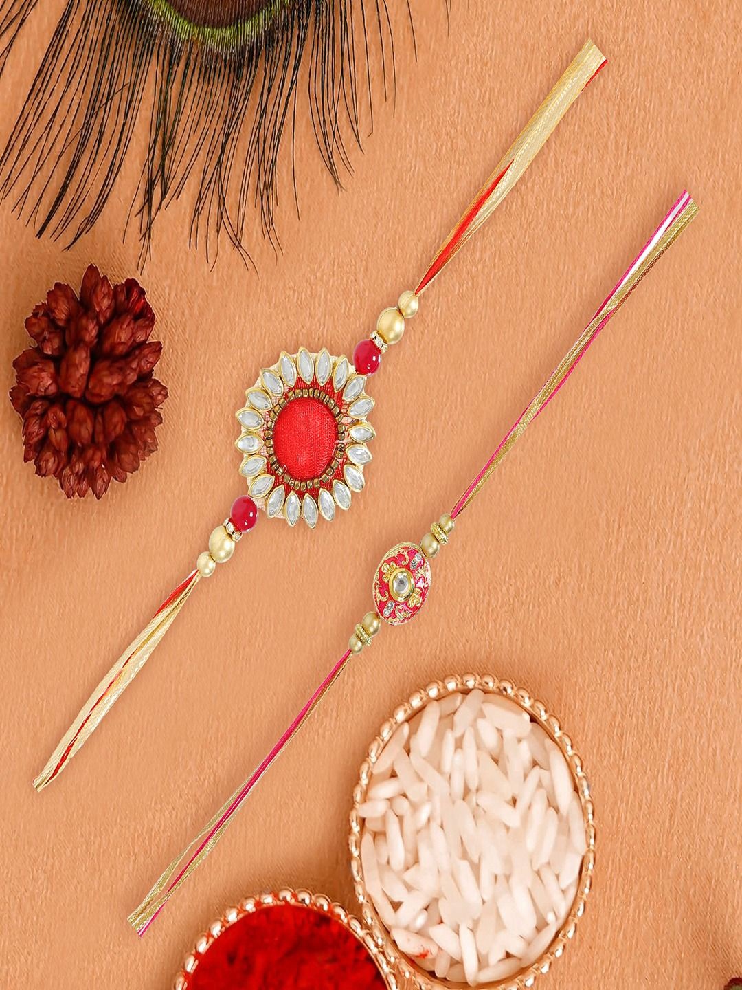 

UNIVERSITY TRENDZ Set Of 2 Kundan Rakhis With Roli Chawal, Gold