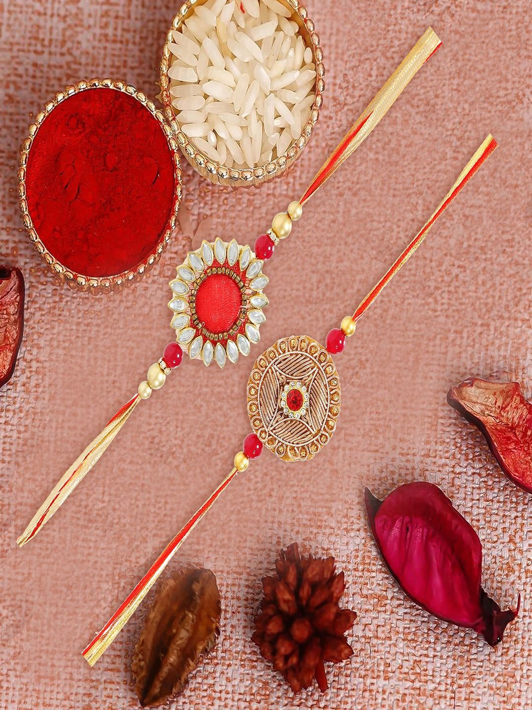 

UNIVERSITY TRENDZ Set Of 2 Beaded Rakhi With Roli Chawal, Red