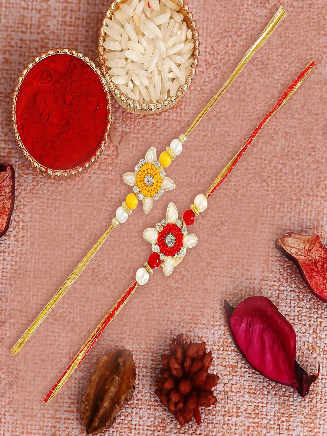 

UNIVERSITY TRENDZ Set Of 2 Beaded Rakhi With Roli Chawal, Red