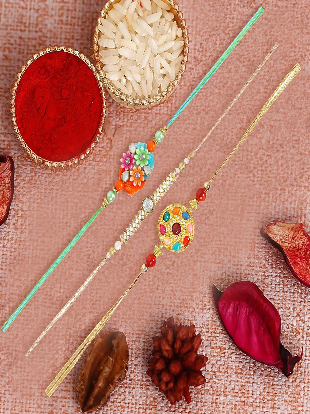 

UNIVERSITY TRENDZ Set Of 3 Navragh Kundan Beaded Rakhis With Roli Chawal, Gold