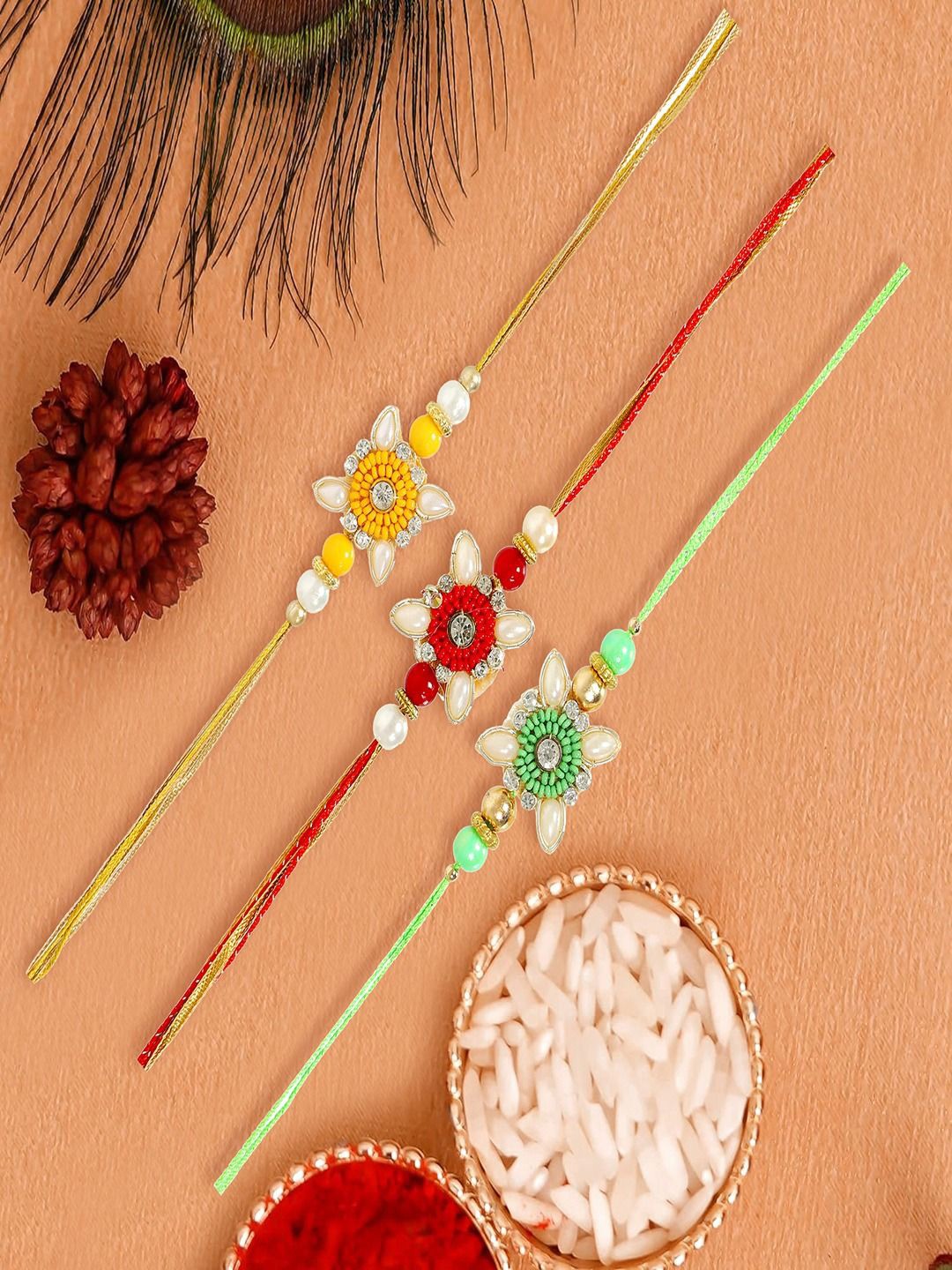 

UNIVERSITY TRENDZ Set Of 3 Beaded Rakhi With Roli Chawal, Red
