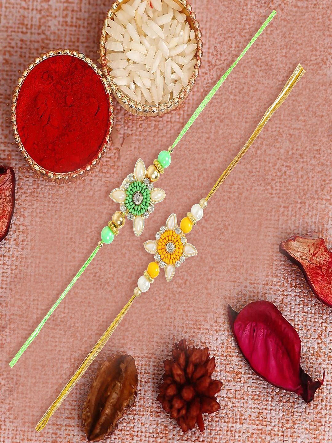 

UNIVERSITY TRENDZ Set Of 2 Beaded Rakhi With Roli Chawal, Green