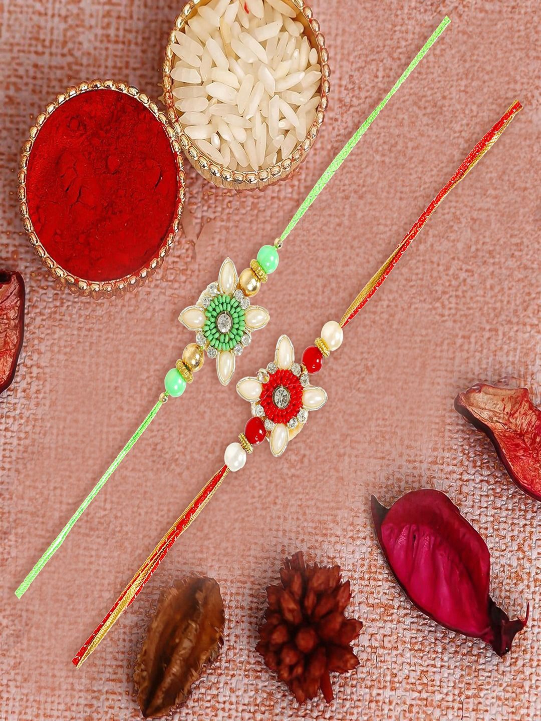

UNIVERSITY TRENDZ Set Of 2 Pearl Bedaed Floral Rakhis With Roli Chawal, Gold