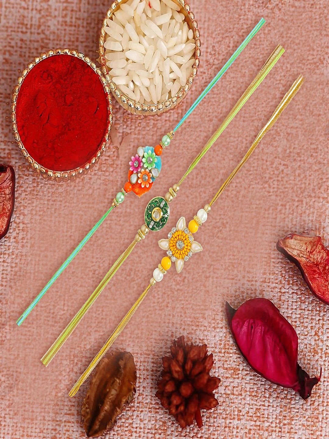 

UNIVERSITY TRENDZ Set Of 3 Kundan Beaded Rakhis With Roli Chawal, Gold