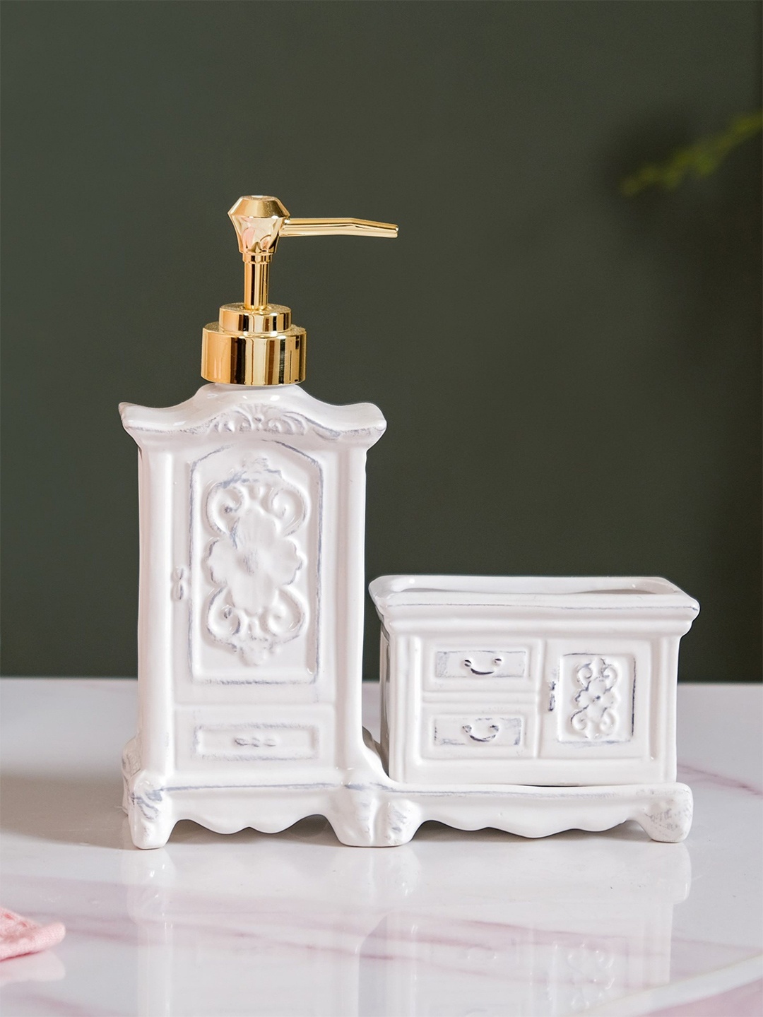 

Nestasia White & Gold-Toned Textured Ceramic Soap Dispenser