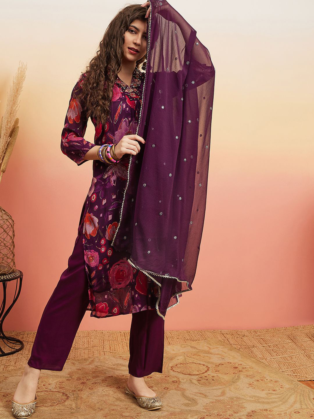 

Anouk Purple Floral Printed Straight Kurta with Trousers & Dupatta