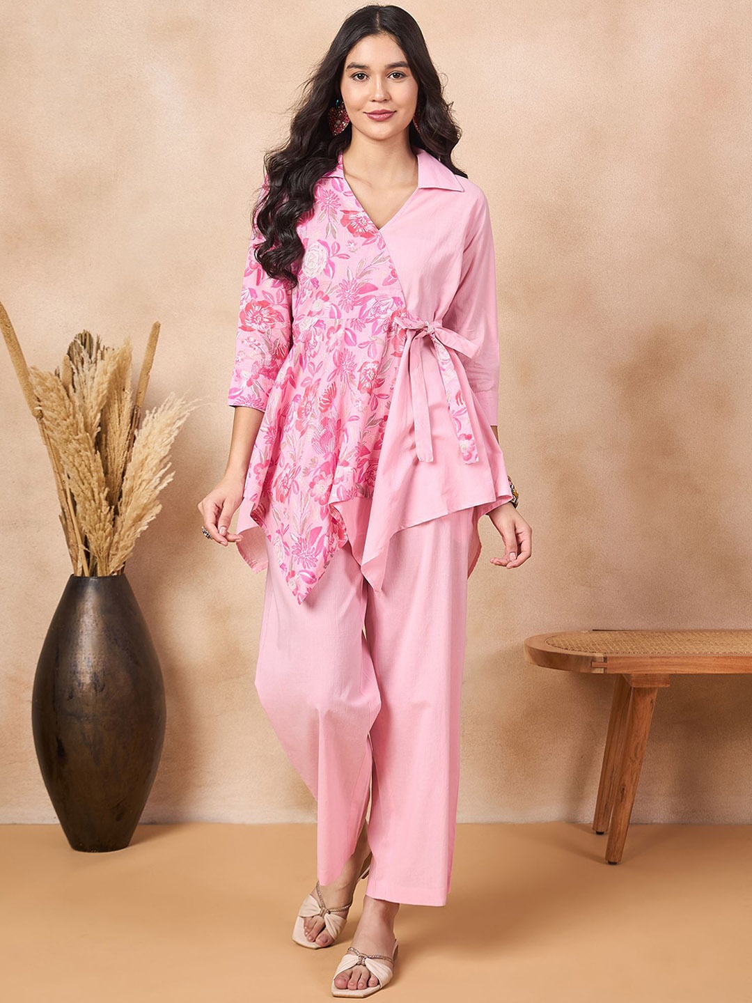 

Anouk Pink Floral Printed Pure Cotton Top With Palazzos