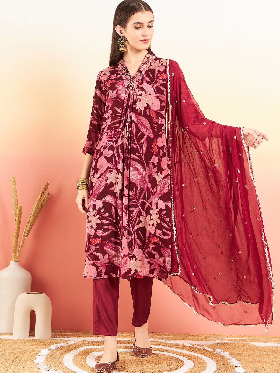 

Anouk Maroon Floral Printed Sequinned Straight Kurta with Trousers & Dupatta
