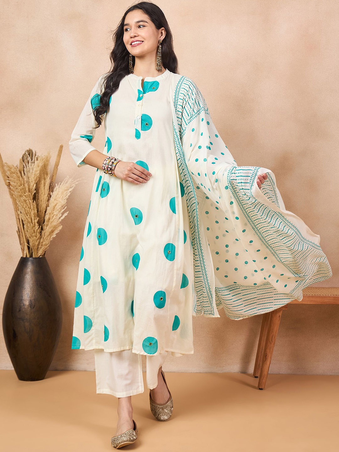 

Anouk Off White Geometric Printed Sequinned Pure Cotton Kurta with Palazzos & Dupatta