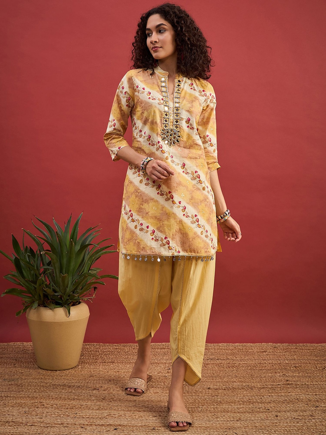 

Anouk Yellow Printed Pure Cotton Tunic With Dhoti Pant