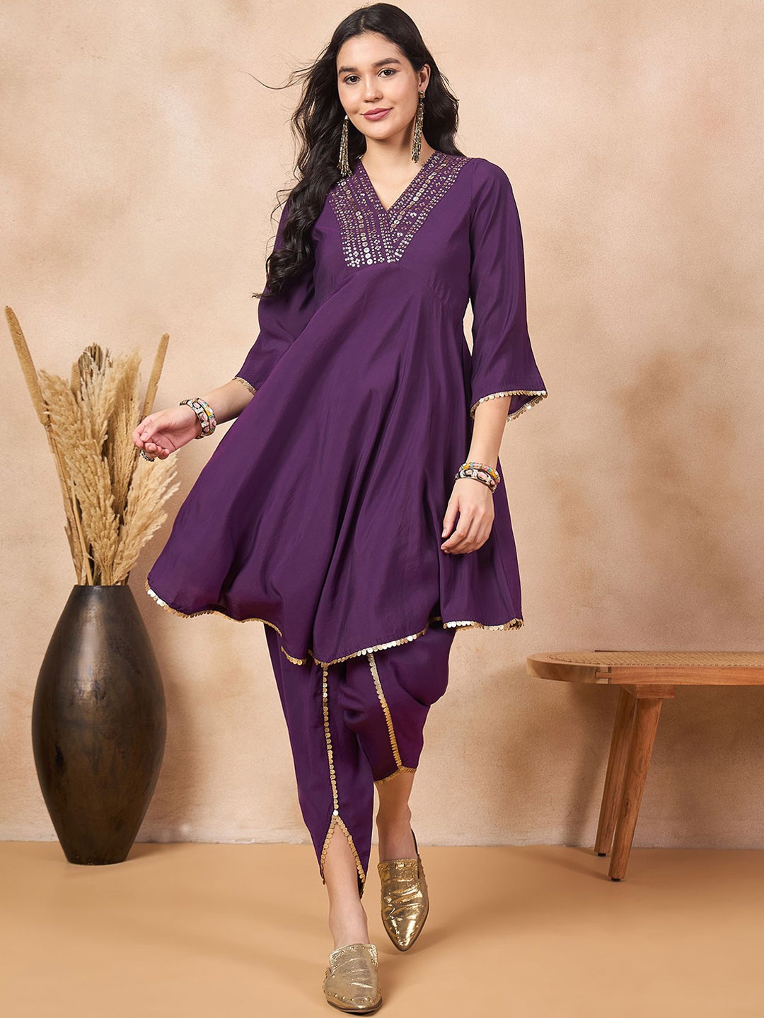 

Anouk Purple Yoke Designed A-Line Sequinned Roman Silk Kurta with Dhoti Pants